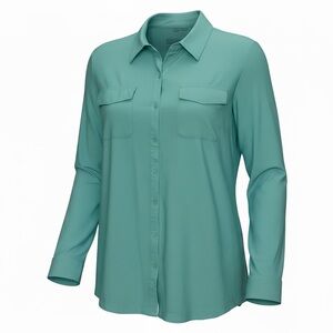 Eddie Bauer Travex Shirt Women XL Teal Roll Tab Long Sleeve Button Up Travel